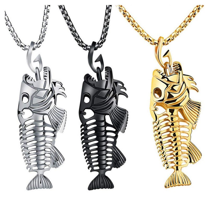 Comimark 3Pcs Fish Bone Whole Fish Skeleton Stainless Steel Pendant Necklace Gold Black Silver - Image 1
